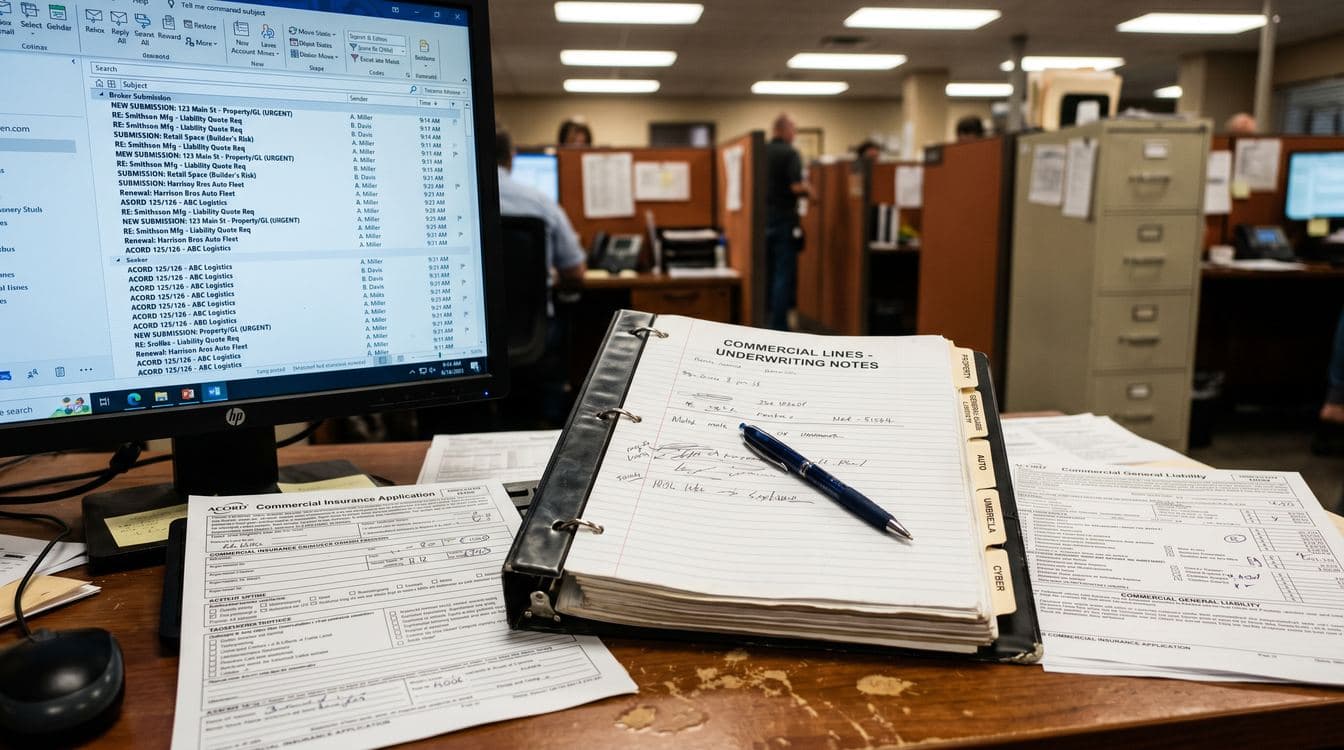 Insurance office desk showing stacked FNOL forms, ACORD documents, and an underwriter's email inbox with broker submissions