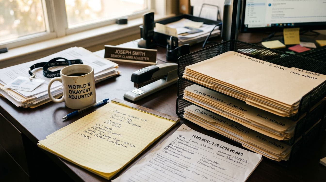 Insurance adjuster's desk with stacked claim folders, handwritten FNOL intake forms, and a yellow legal pad in warm natural light