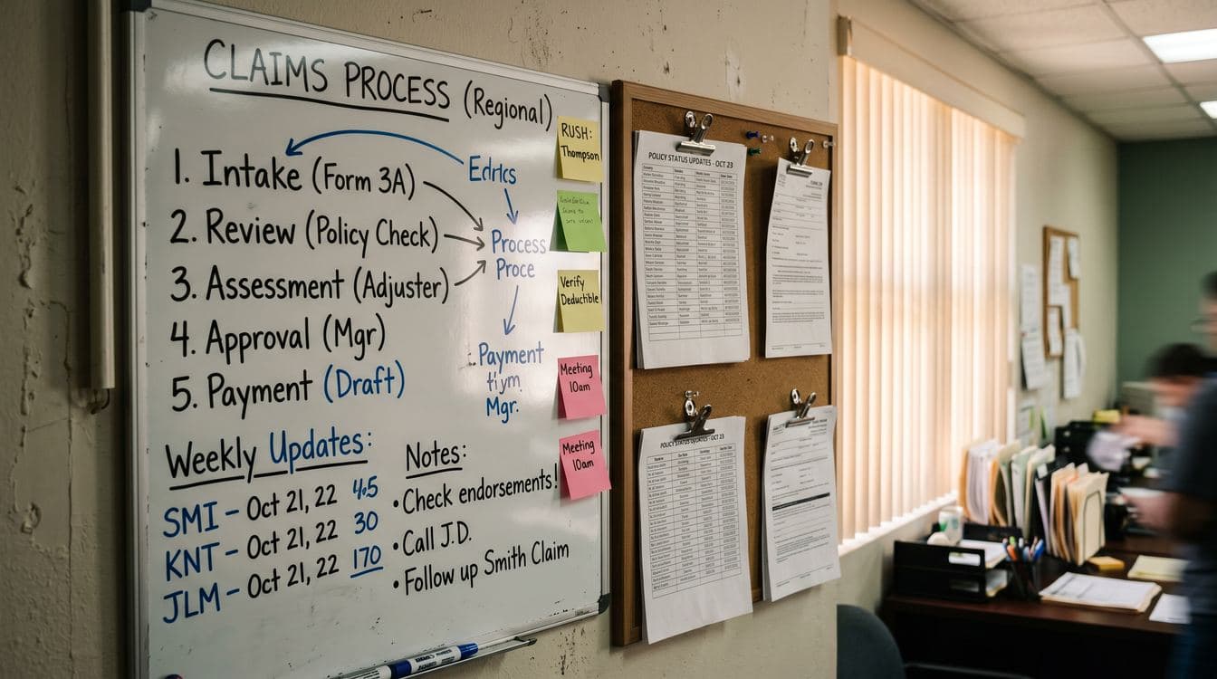 Regional insurance office whiteboard with handwritten process flow steps, sticky notes, and printed policy status update sheets clipped to a corkboard