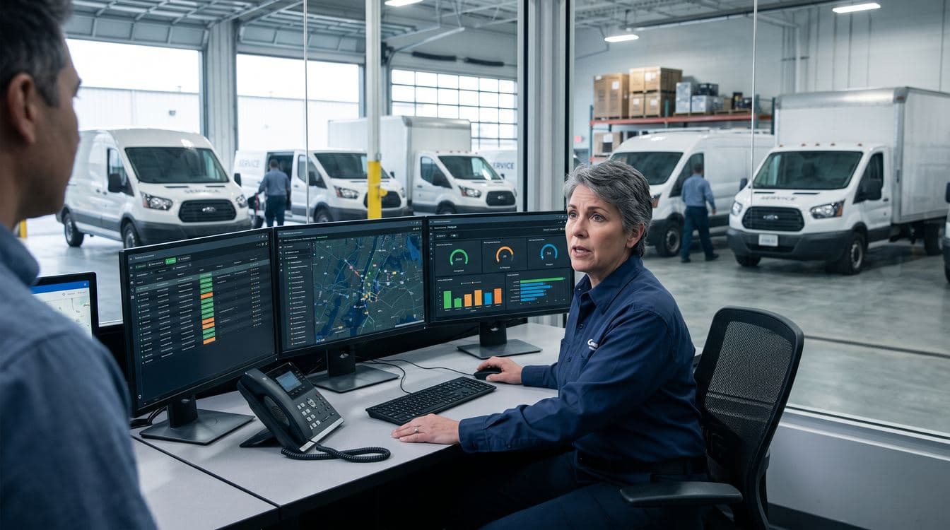 Three mid-market operations professionals at a wall-mounted dashboard monitor in a contemporary distribution center mezzanine office reviewing live operational data