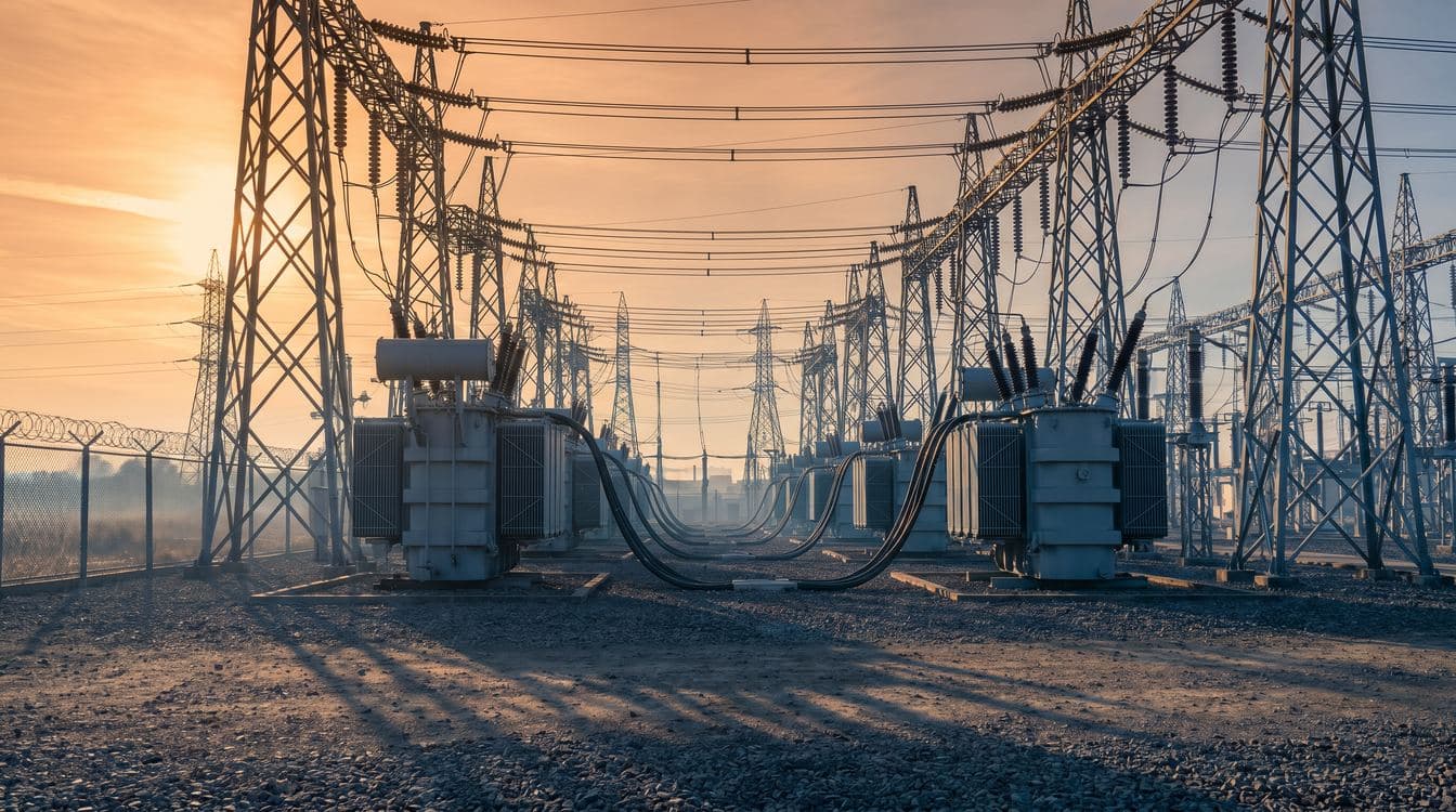 Industrial substation and transformer yard at golden hour signaling the enterprise-scale AI compute footprint behind most published ROI frameworks