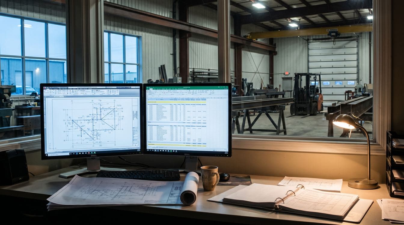 Senior estimator's workstation at a mid-market contractor with monitors showing job costing detail and a takeoff drawing, shop floor visible through a windowed wall