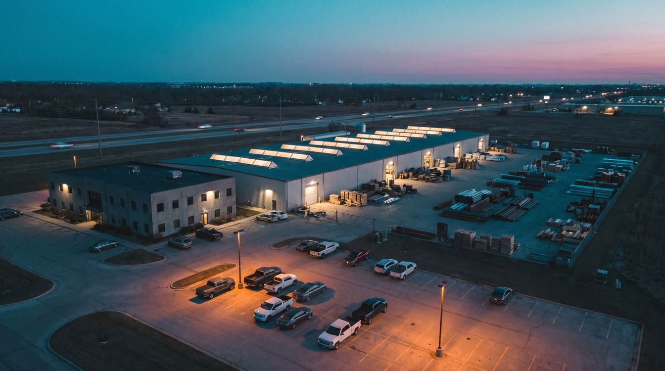 Aerial twilight view of a mid-market industrial operations campus with the parking lot half full and warehouse skylights glowing