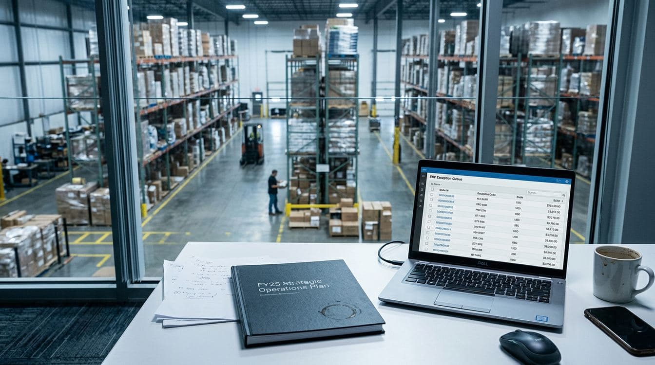 Closed bound AI strategy report on a controller's desk next to an open laptop showing a live ERP exception queue with a distribution warehouse visible through an industrial window in the background
