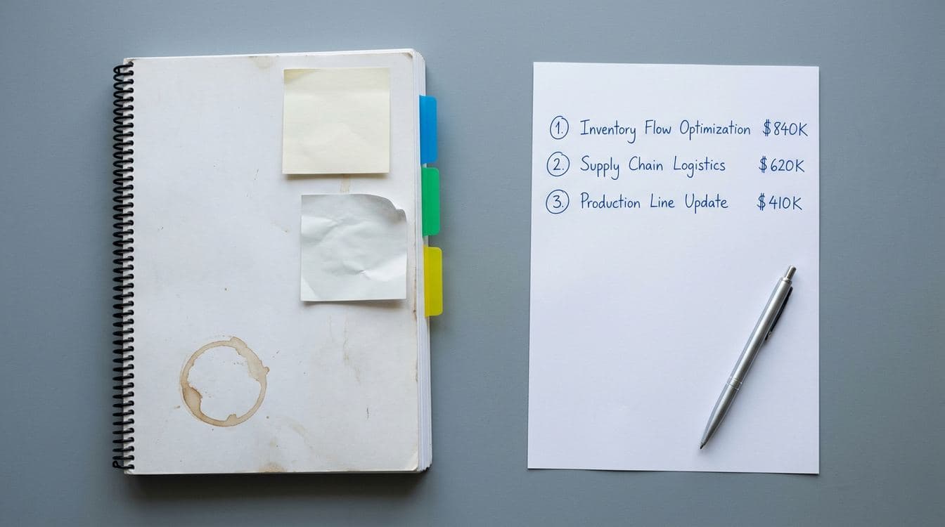 Top-down view of a controller's desk showing a closed bound 'AI Strategy 2026' consulting deck next to a single sheet of paper with three handwritten workflow priorities and dollar amounts, illustrating that mid-market AI execution beats AI strategy planning