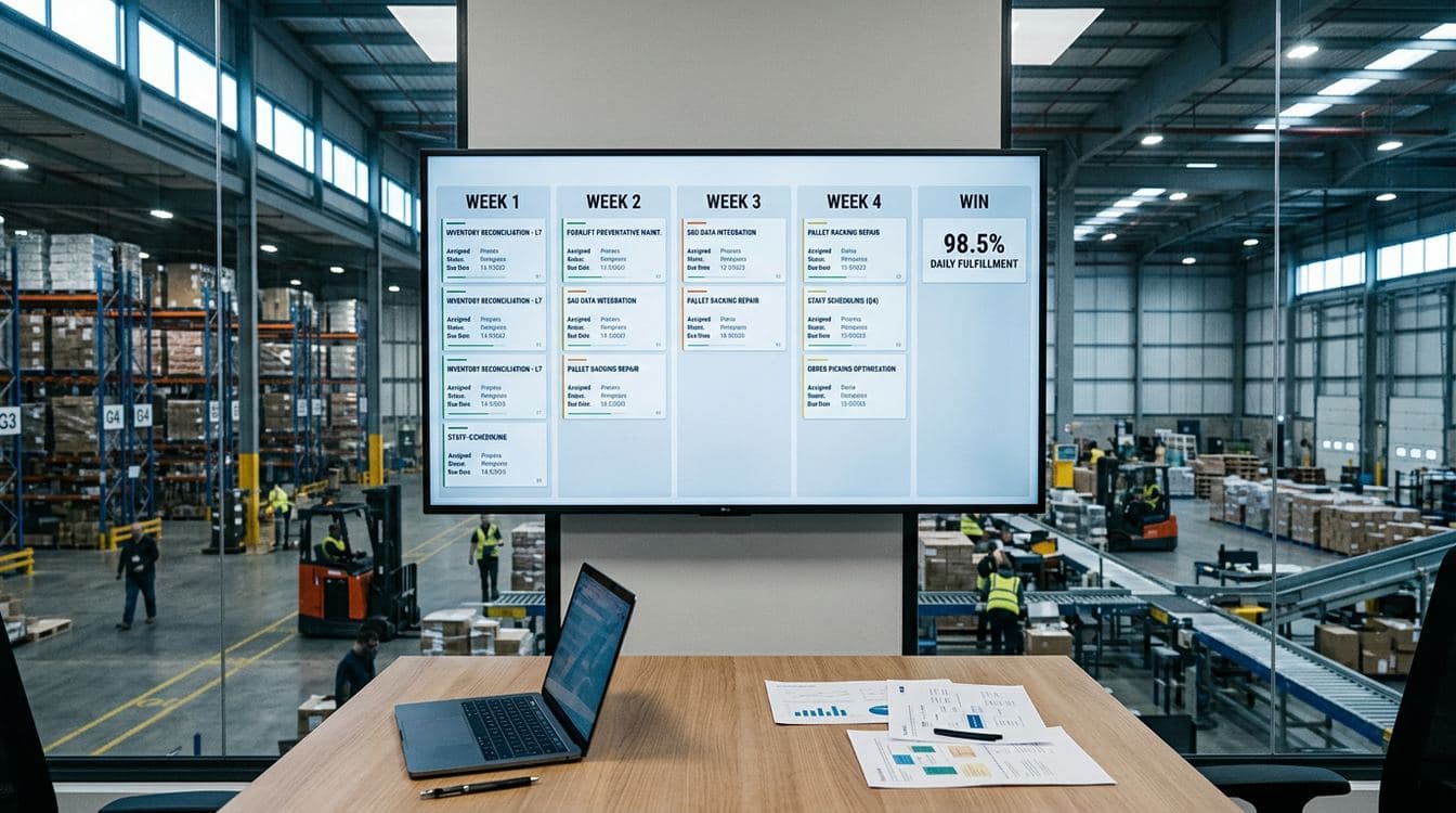Wall-mounted 60-inch monitor in a mid-market operations conference room displaying a 4-column sprint board labeled Week 1 through Week 4 with specific weekly build milestones for an AI workflow, showing the four-week test for mid-market AI projects