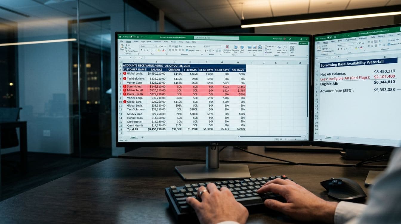 Accounts receivable aging spreadsheet macro view with days-outstanding columns and red ineligibility flags on multiple customer rows for ABL borrowing base analysis