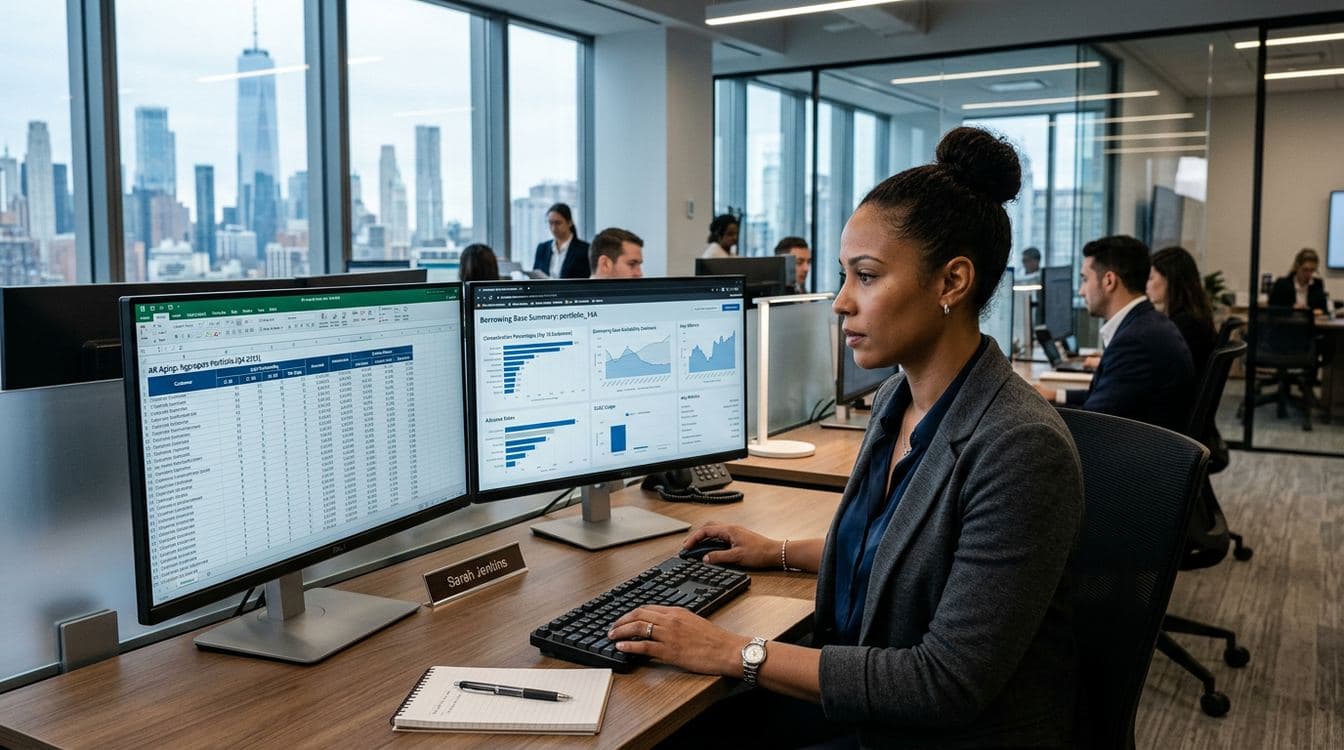 Senior asset-based lending collateral analyst at modern open-plan workstation reviewing accounts receivable aging spreadsheet and borrowing base availability dashboard on dual monitors