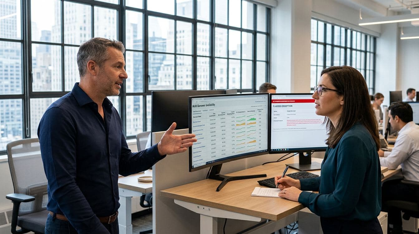 Two senior ABL collateral analysts at adjacent standing workstations reviewing borrower portfolio dashboards with availability and concentration metrics on dual monitors at a mid-market non-bank lender's underwriting floor