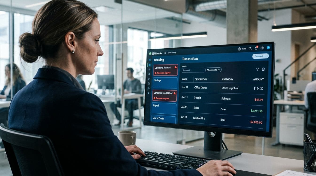 QuickBooks Online bank transactions screen with two of five connected accounts flagged with reconnect-required error notifications, viewed by a CAS firm bookkeeper