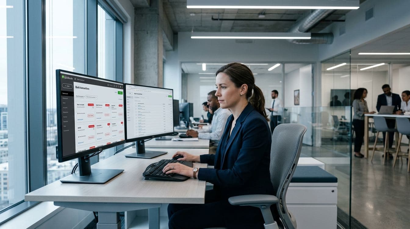 Senior accountant at a dual-monitor workstation reviewing a QuickBooks Online bank transactions dashboard showing a disconnected bank account with an error 390 notification