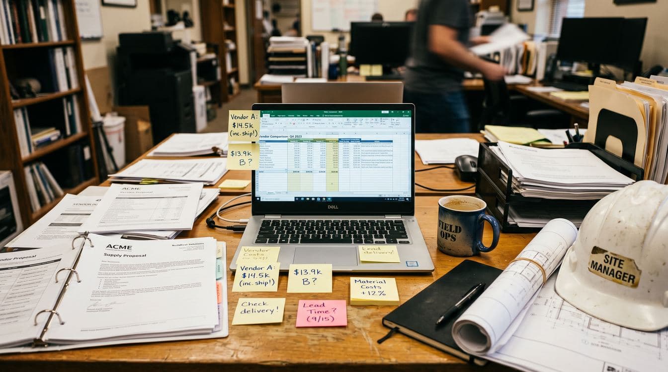 Operator desk covered with vendor proposals, laptop spreadsheet, coffee mug, sticky notes with cost figures, and blueprints