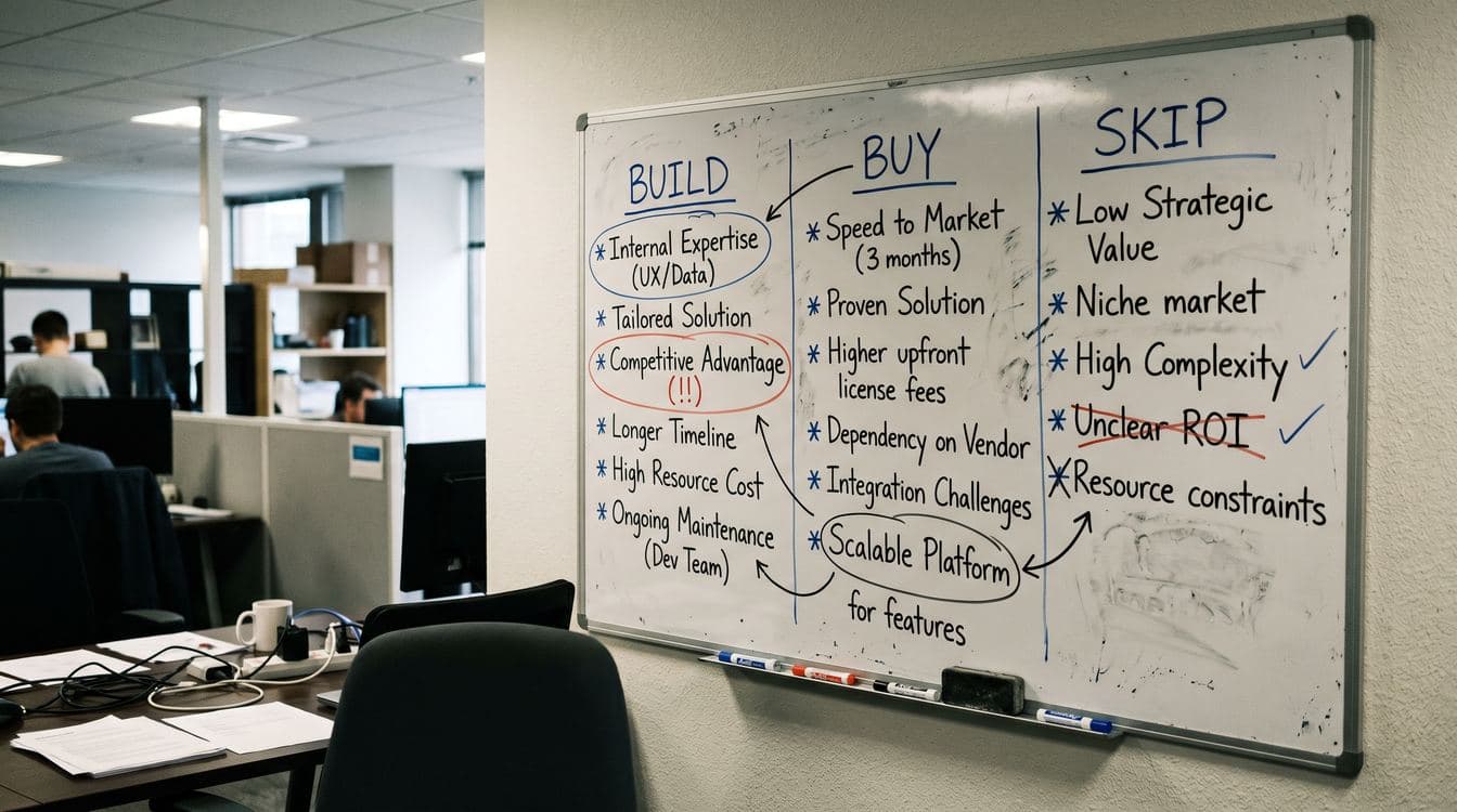 Whiteboard with handwritten build vs buy decision framework showing columns and crossed out options