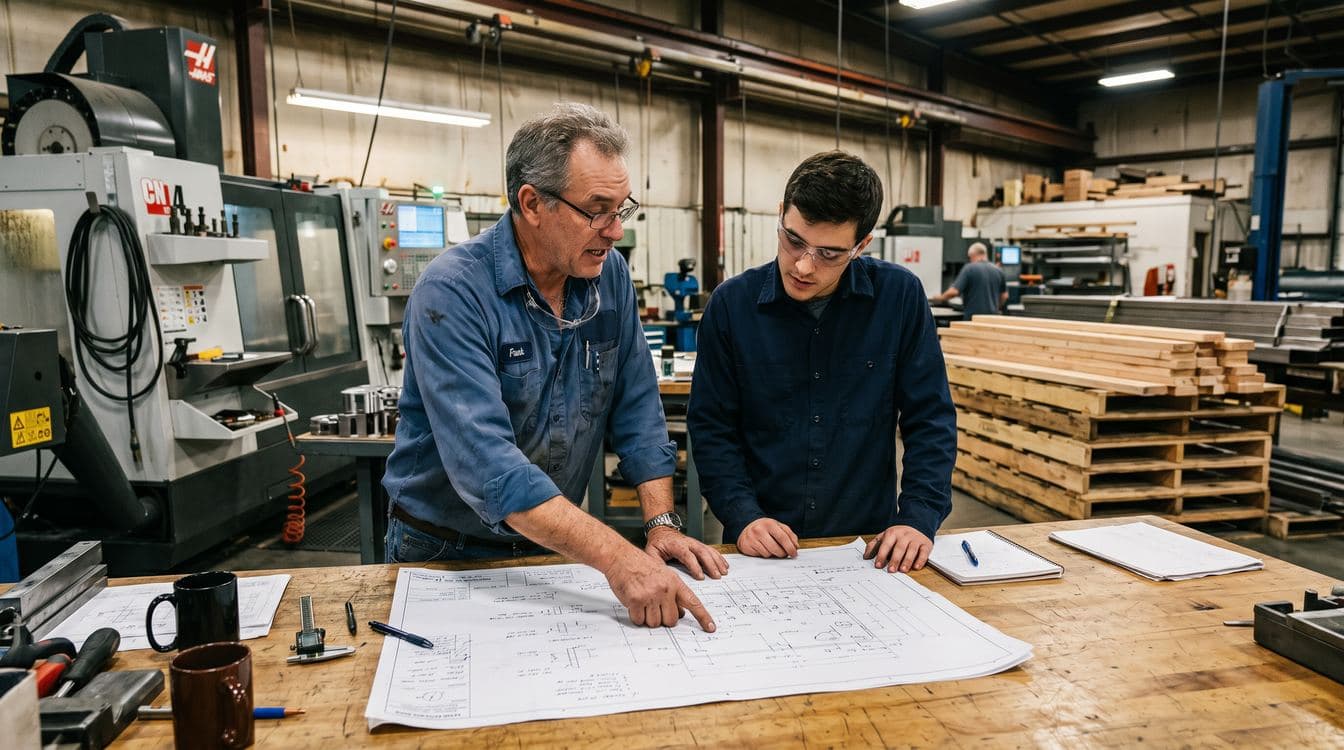 Veteran manufacturing worker mentoring a younger colleague while reviewing technical drawings on a shop floor with CNC equipment and stacked lumber