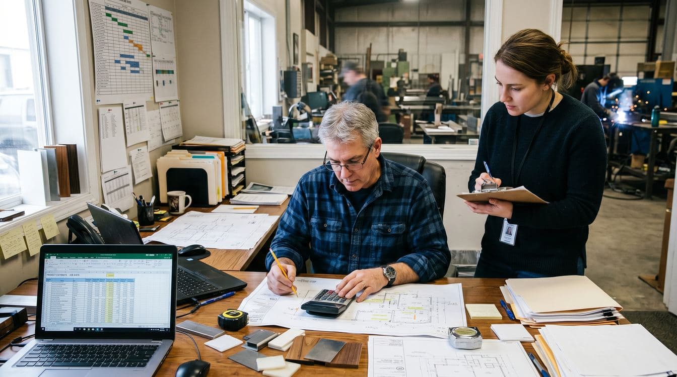 Experienced estimator reviewing blueprints and material samples at a manufacturing office desk while a younger colleague observes and takes notes during a tribal knowledge shadowing session