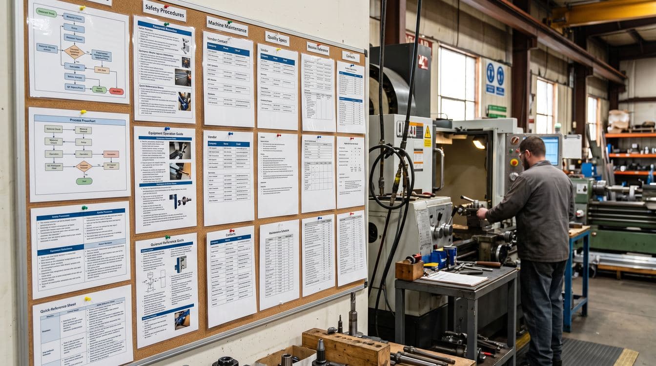 Organized laminated reference cards, process guides, and quick-reference documents pinned to a corkboard on a manufacturing shop floor wall for structured tribal knowledge capture