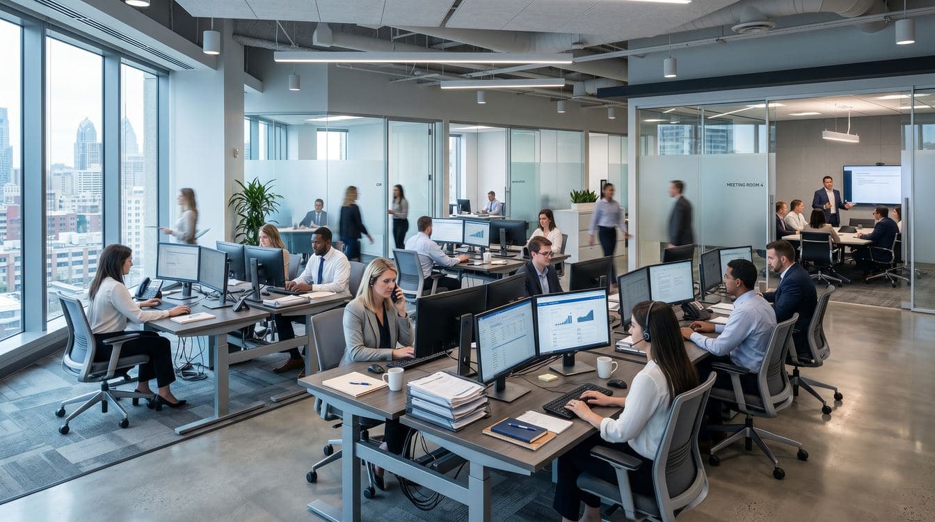 Wide-angle view of an open-plan mid-market commercial insurance brokerage office with CSRs at multi-monitor workstations