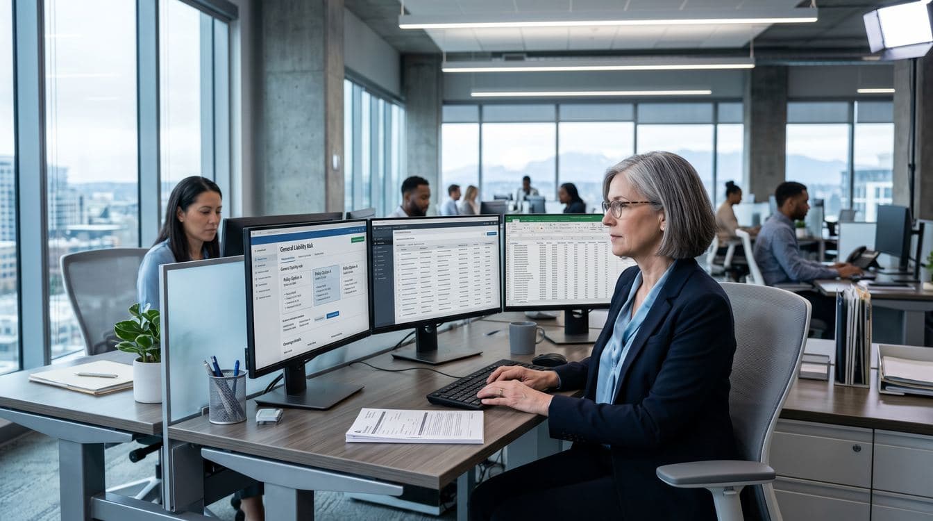 Senior commercial-lines CSR at a multi-monitor workstation in a modern mid-market insurance brokerage office, reviewing a submission while a printed ACORD application packet sits beside her keyboard
