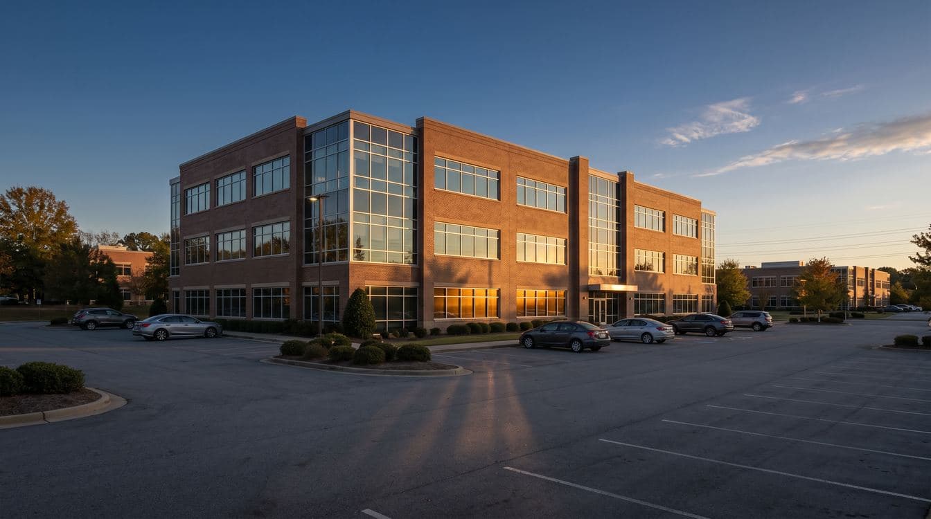 Three-story corporate office park building exterior at golden hour with reflections of a sodium-lit parking lot, the kind of mid-market commercial real estate where the internal AI ops lead actually shows up to work
