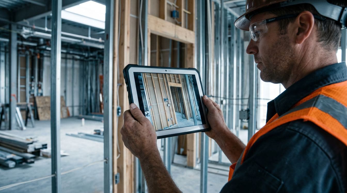 Construction project manager reviewing change order documentation on a tablet in PPE on a commercial mid-rise jobsite with steel framing rising in the background