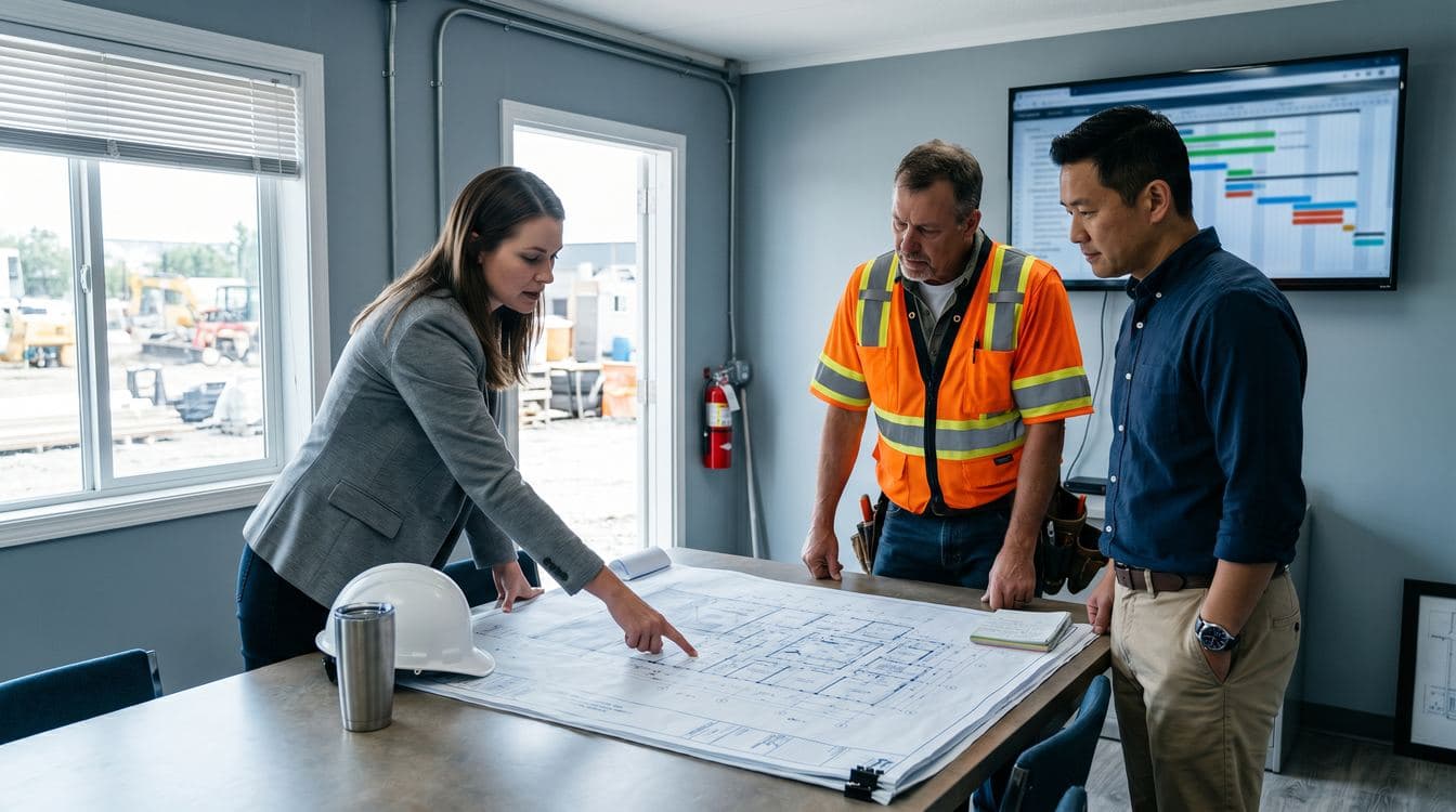 Project manager superintendent and operations director reviewing open change orders around a project plan in a construction site trailer with daylight from large windows