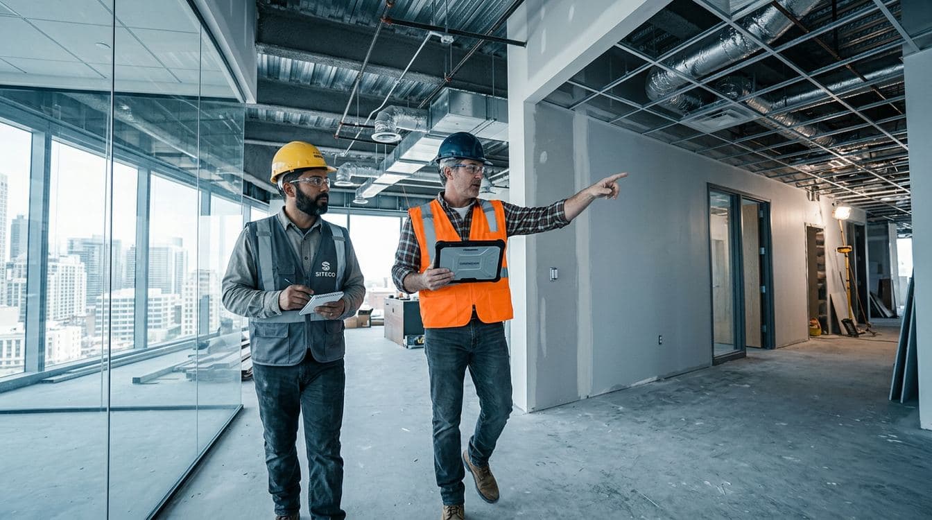Construction superintendent and subcontractor foreman walking a partially completed commercial office build-out with a tablet for a rolling punch list review during construction project closeout