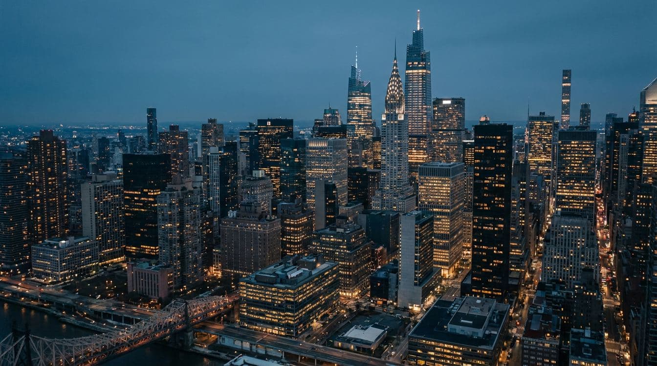 Dense aerial view of midtown Manhattan commercial real estate corridor at blue hour with illuminated office towers and street grid