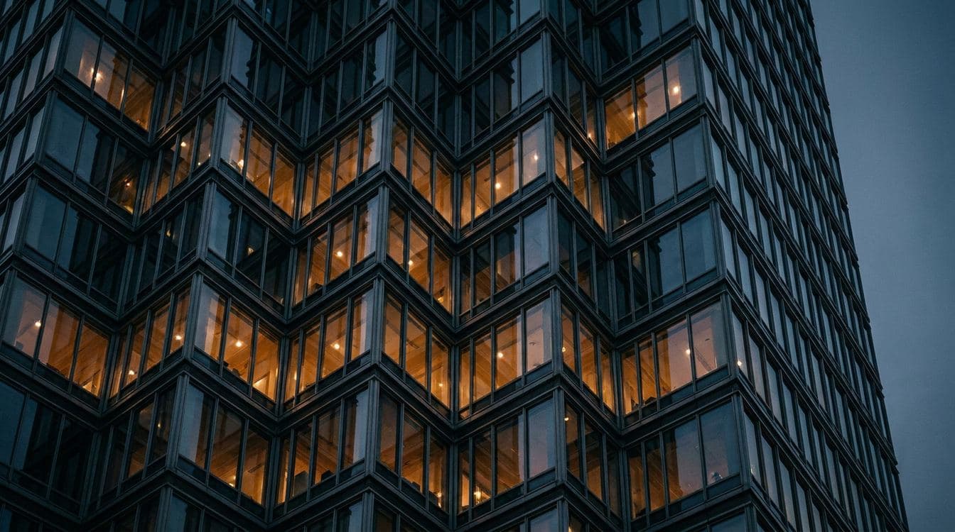 Architectural detail of a commercial tower at dusk evoking the flow of commercial insurance AI capital through the underwriting stack