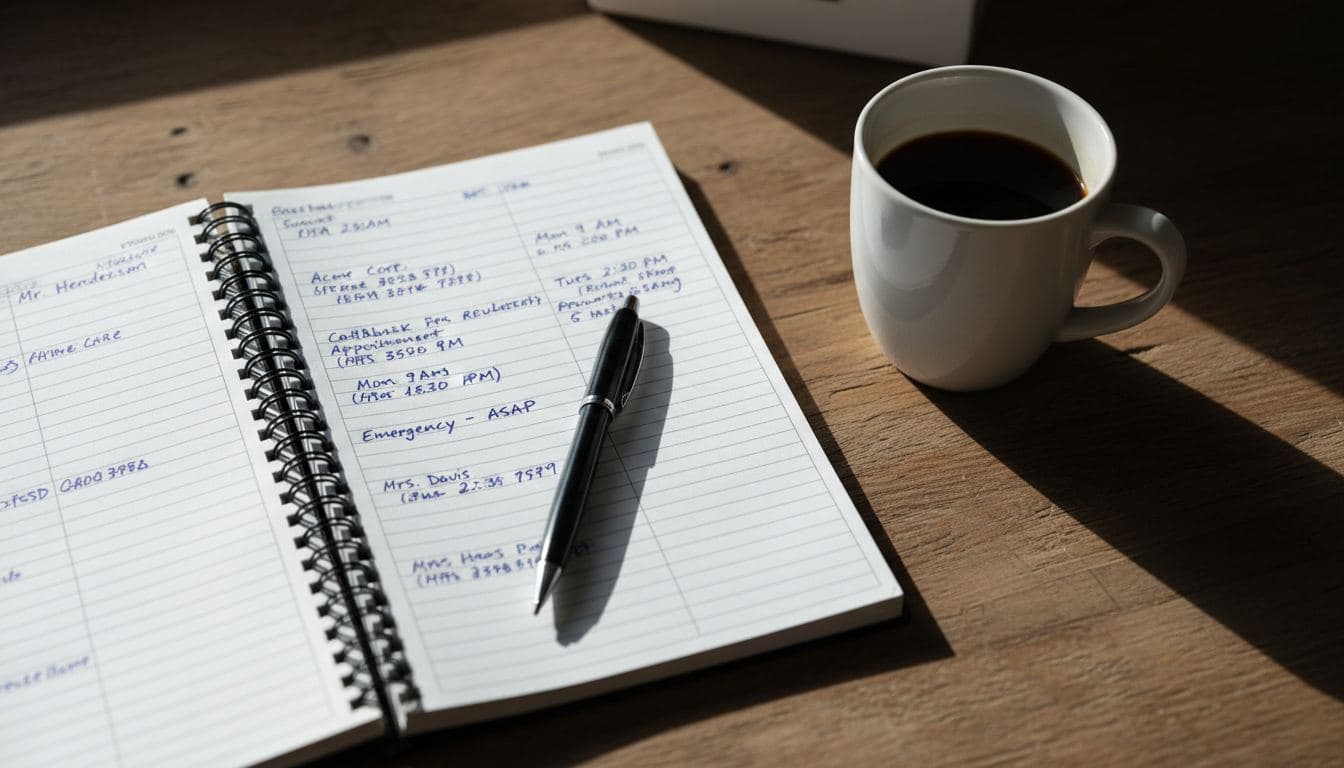 Overhead view of a field service logbook open to handwritten customer callback notes, pen resting on page, coffee nearby