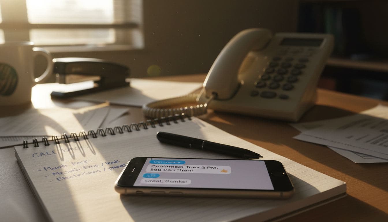 Office manager's desk with smartphone showing contractor appointment confirmation text thread, notepad with handwritten callback notes, and phone in background