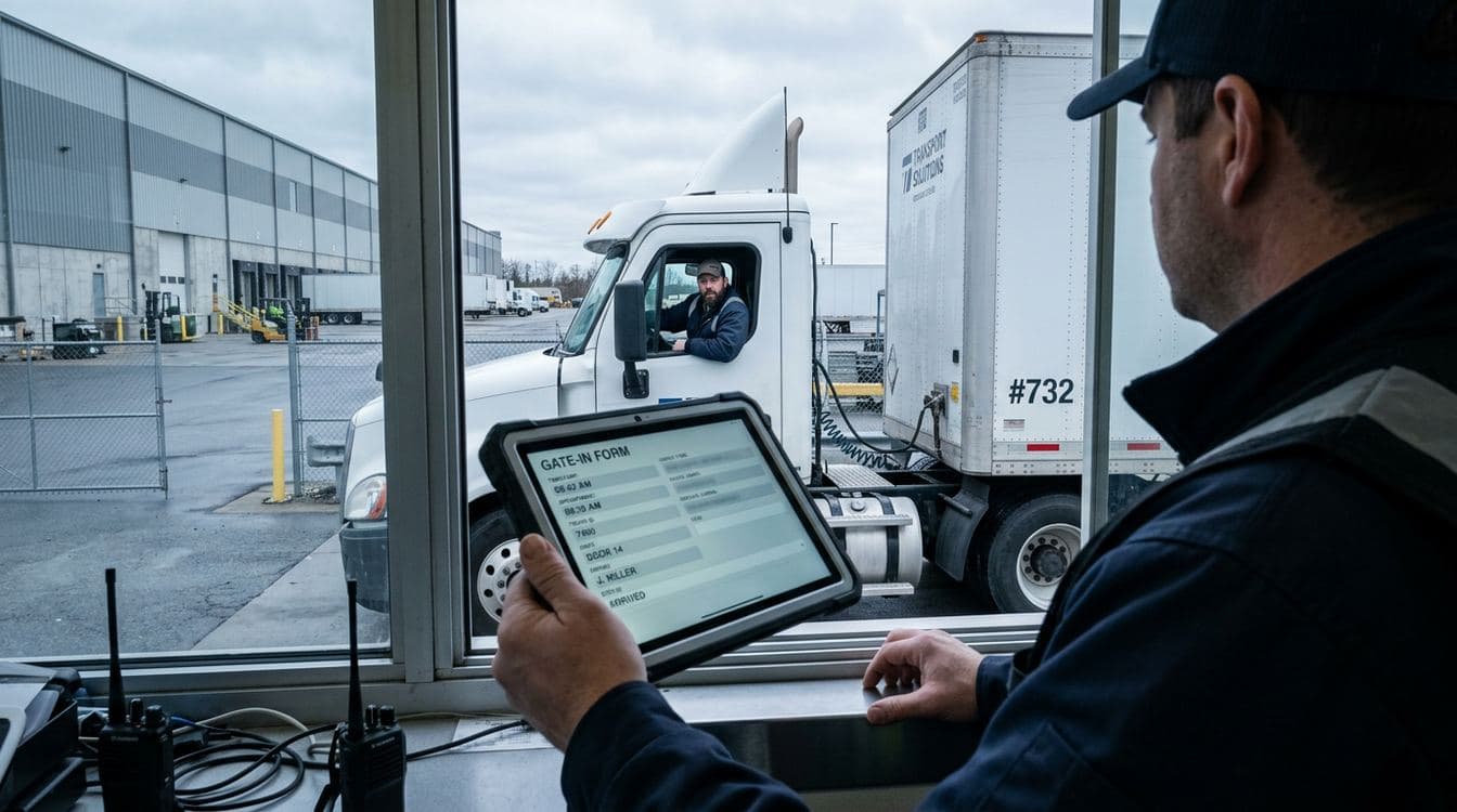 Gate guard's tablet displaying gate-in timestamp and dock door assignment for 3PL detention tracking