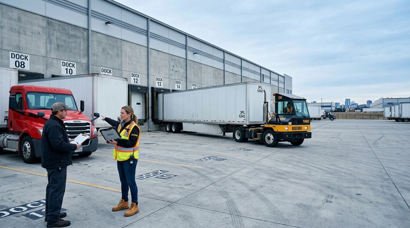 Modern 3PL warehouse dock with multiple doors, a yard truck moving a trailer, and a dispatcher with a tablet checking appointments