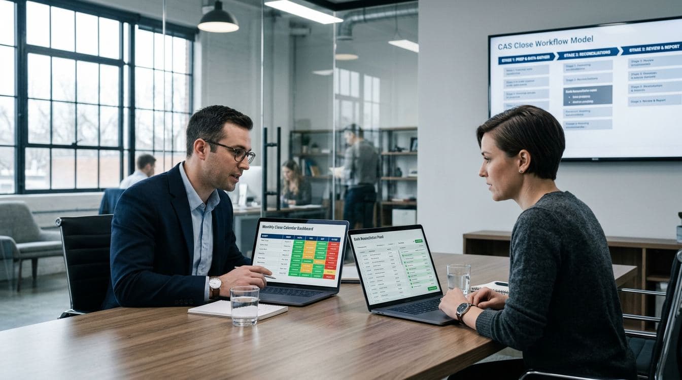 CAS controller and senior accountant reviewing a wall-mounted client close calendar dashboard with QuickBooks Online and FloQast visible on two adjacent monitors