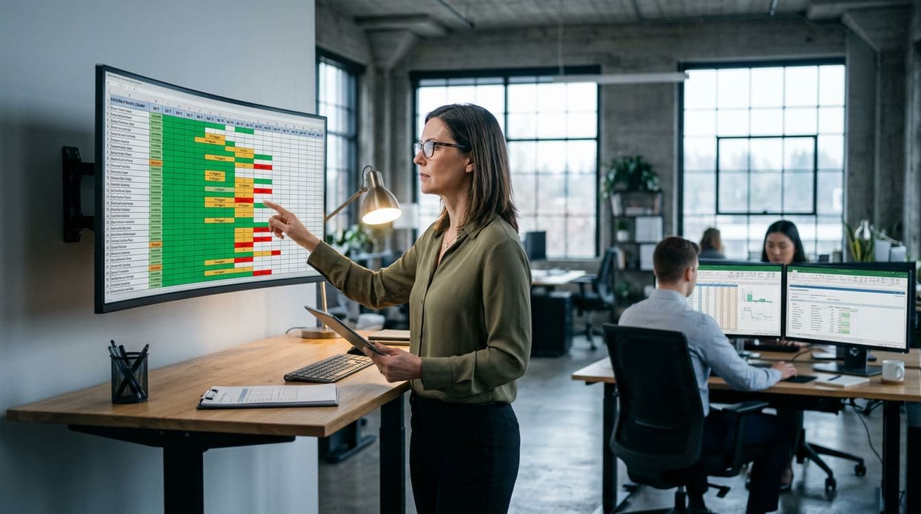Senior controller at a CAS firm reviewing a multi-client close dashboard on a wall-mounted monitor with two team members in soft focus background