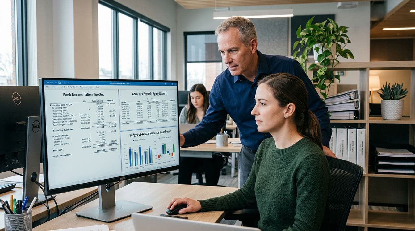 Junior accountant and controller reviewing close workpapers on a shared monitor with bank reconciliation, AP aging, and variance dashboard visible across three panels