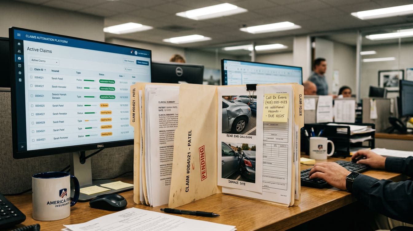 Insurance operations manager reviewing a claims processing workflow on dual monitors in a busy mid-market TPA office