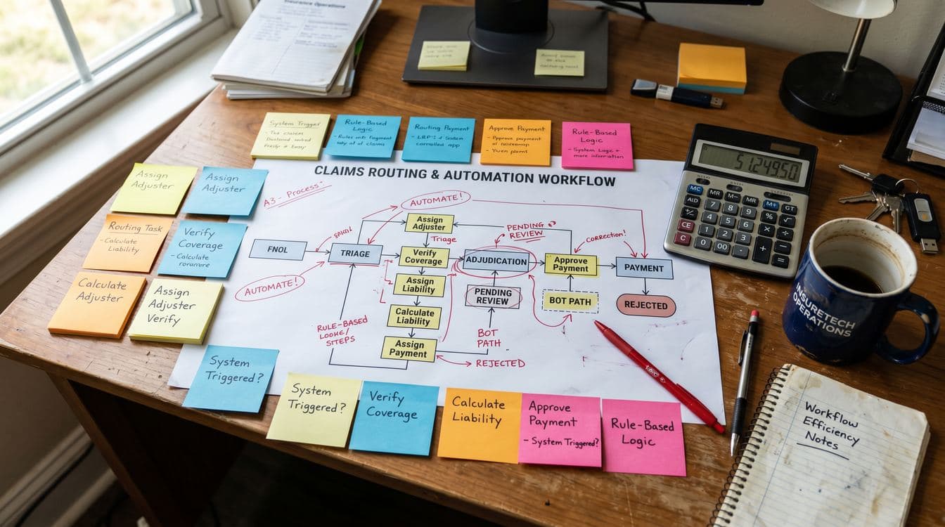 Claims process flow diagram showing manual handoff points between intake, routing, and adjuster assignment