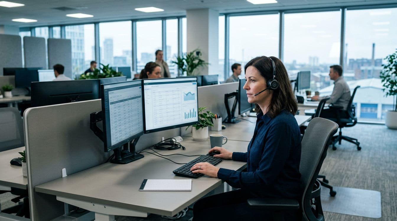 Customer service representative on a wireless headset reviewing a backorder dashboard with ETA columns at a modern distribution office