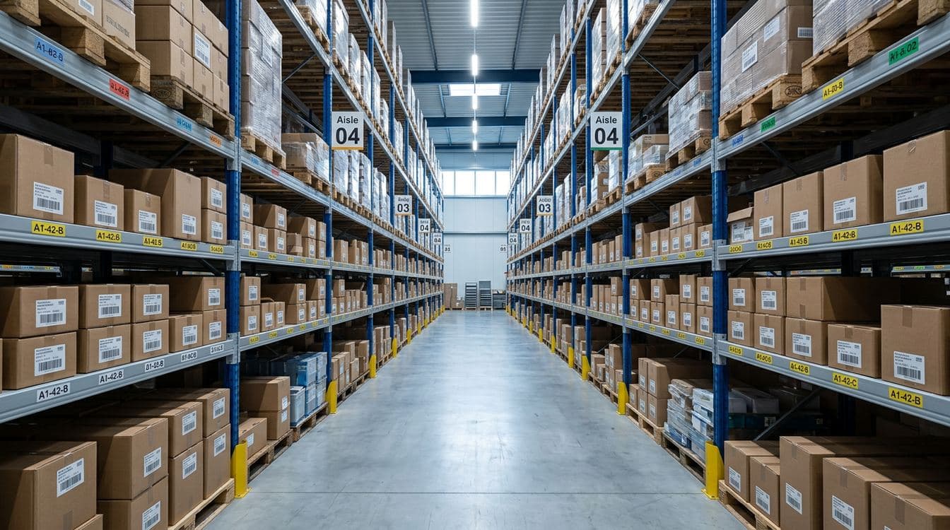 Organized distributor warehouse aisle showing ABC-slotted golden-zone shelving with high-velocity SKUs at waist height