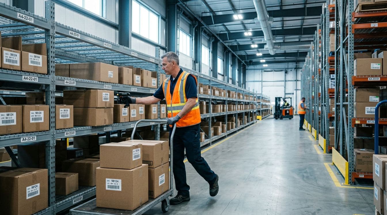 Mid-market distribution warehouse picker scanning a barcode on a high-velocity SKU rack under cool overhead lighting
