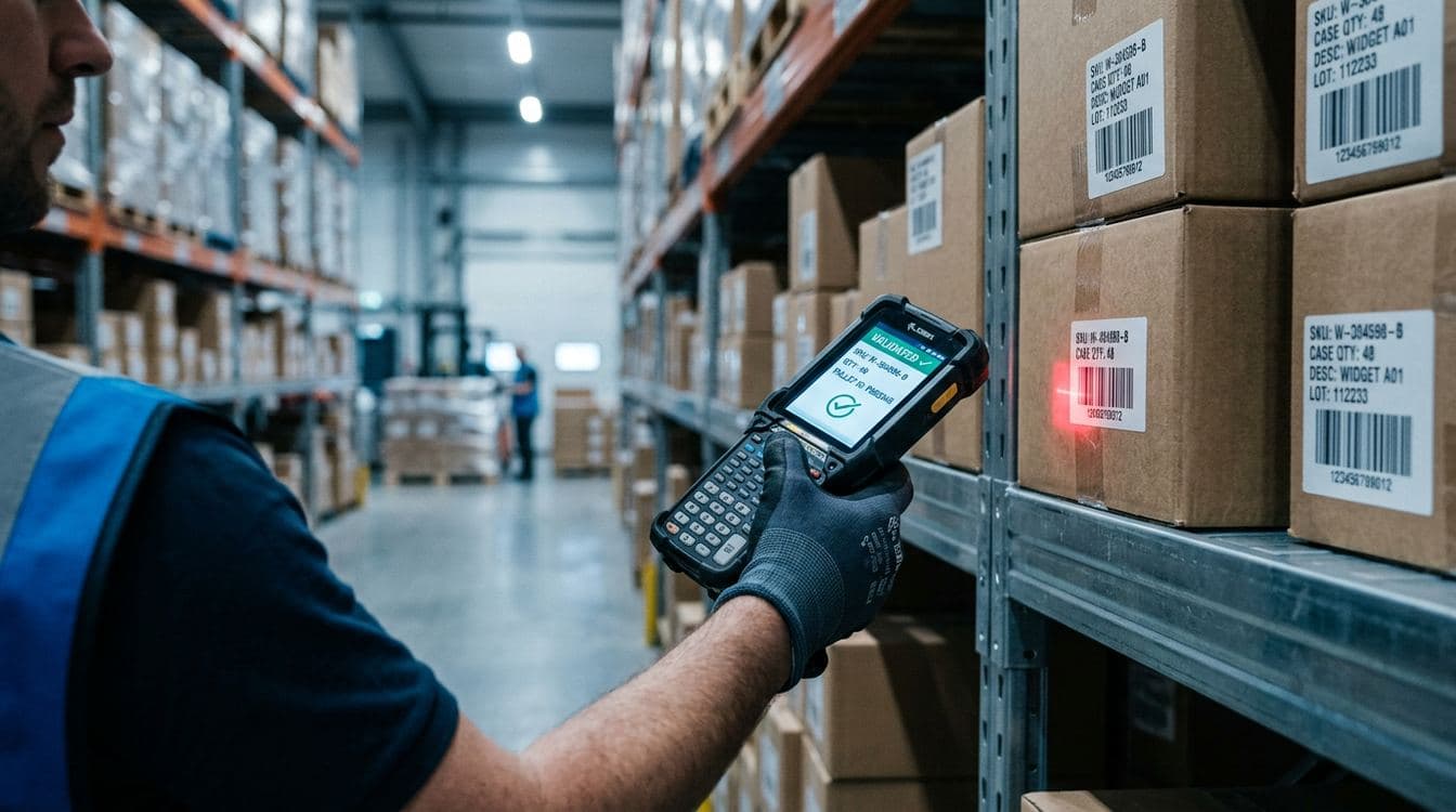 Mid-market distributor warehouse picker scanning a barcode on a case of stock with handheld RF device