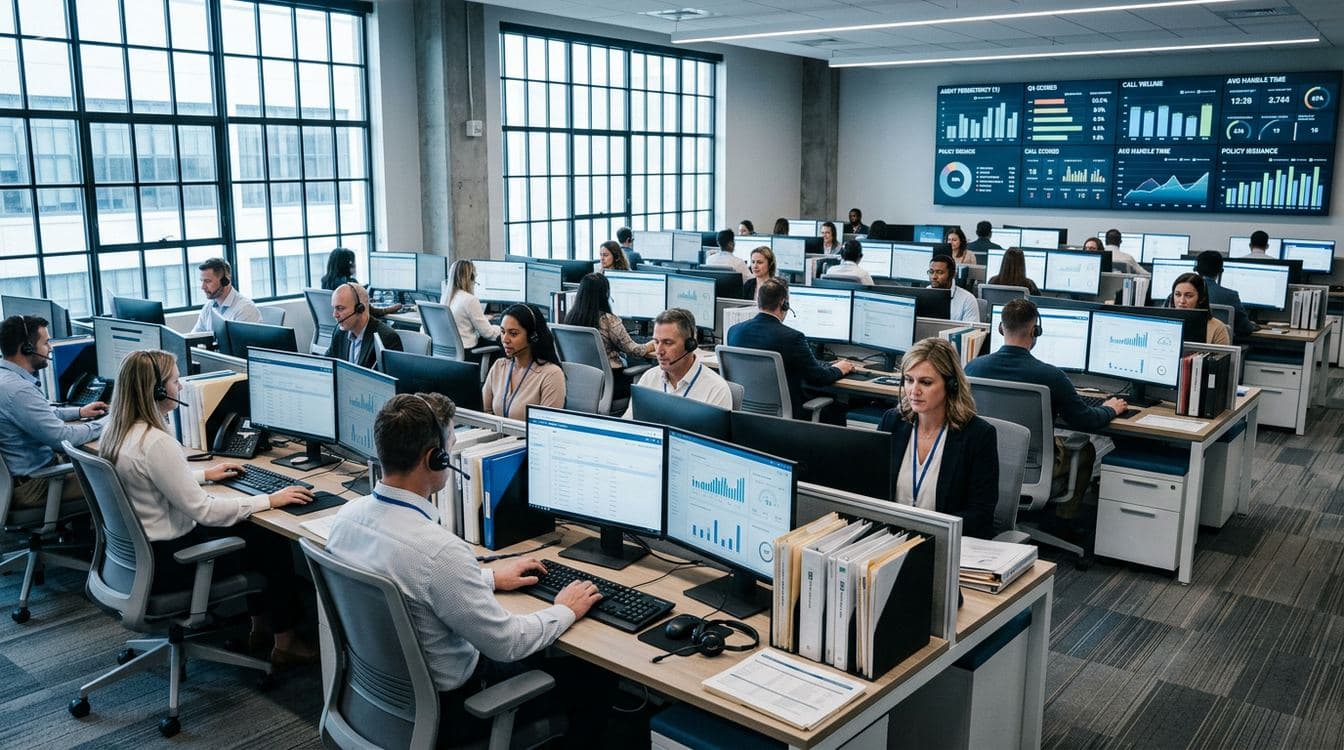 Final-expense call-center floor at a mid-market carrier with agents at workstations reviewing applications and persistency dashboards in cool blue-grey daylight