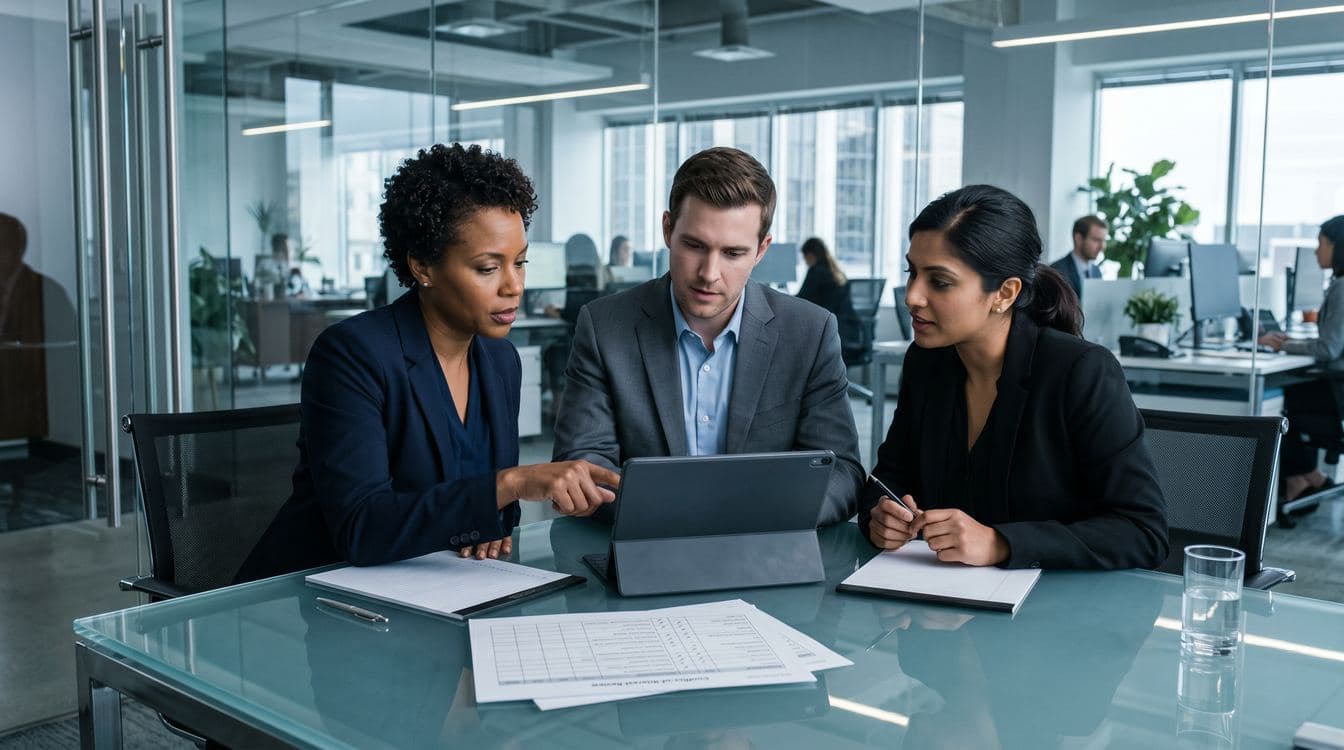 Conflicts committee at a glass-walled conference table reviewing a new matter file on a tablet, mid-discussion, cool morning daylight, contemporary mid-market law firm setting