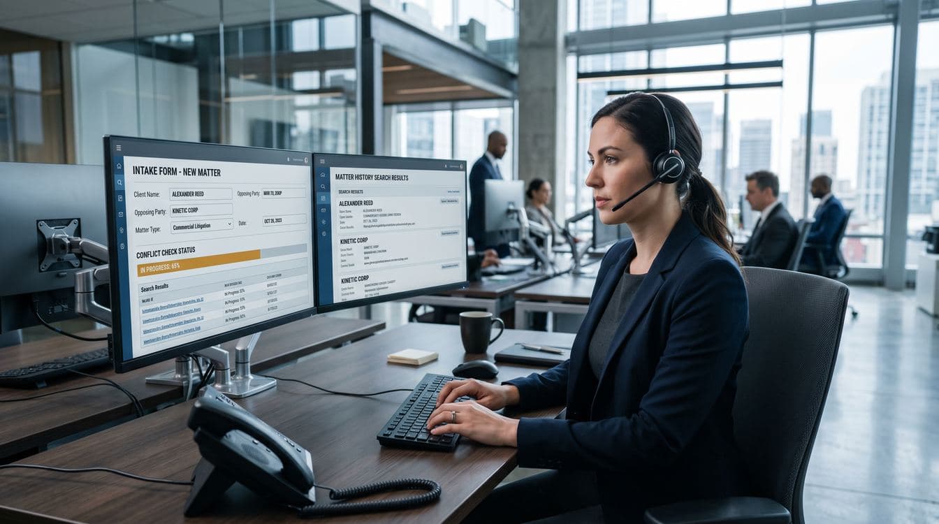 Modern law firm intake coordinator at a clean workstation reviewing a new matter screen with parties, opposing counsel, and a running conflict-check status, cool morning daylight from floor-to-ceiling windows