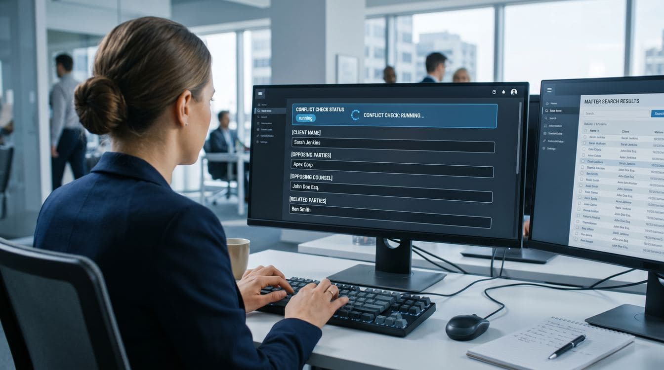 Intake coordinator at a modern law firm workstation, focused on a wide monitor showing a structured matter intake form with conflict-check status indicators, second monitor displaying matter history search results, cool morning daylight from a window wall