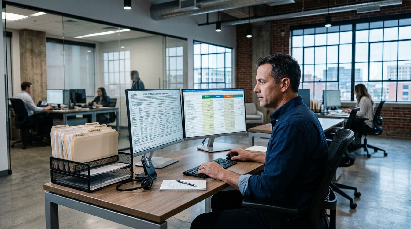 Senior commercial insurance broker at a workstation reviewing an ACORD 125 application on one monitor and a multi-carrier rating comparison on the other, in a modern mid-market brokerage office