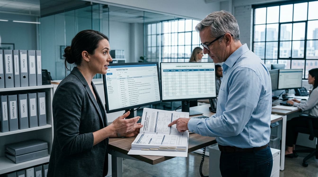 Two brokerage operations staff at a tall standing workstation reviewing a commercial insurance submission packet, with monitors showing a submission inbox and a carrier marketing assignment grid in a modern $50M brokerage office