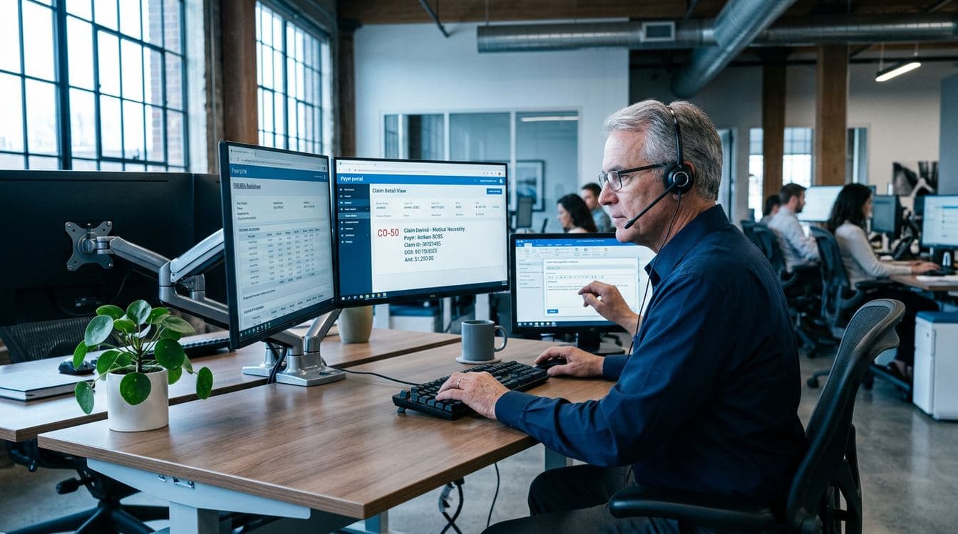 Senior biller working aged claim from the 60-90 day bucket with payer portal queue showing denial reason codes and EOB visible on second monitor