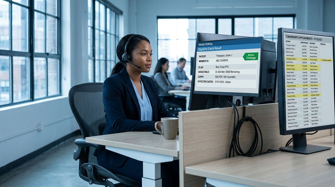 Eligibility verification specialist on payer portal with verified benefits and tomorrow's schedule on the second monitor in a modern healthcare admin office