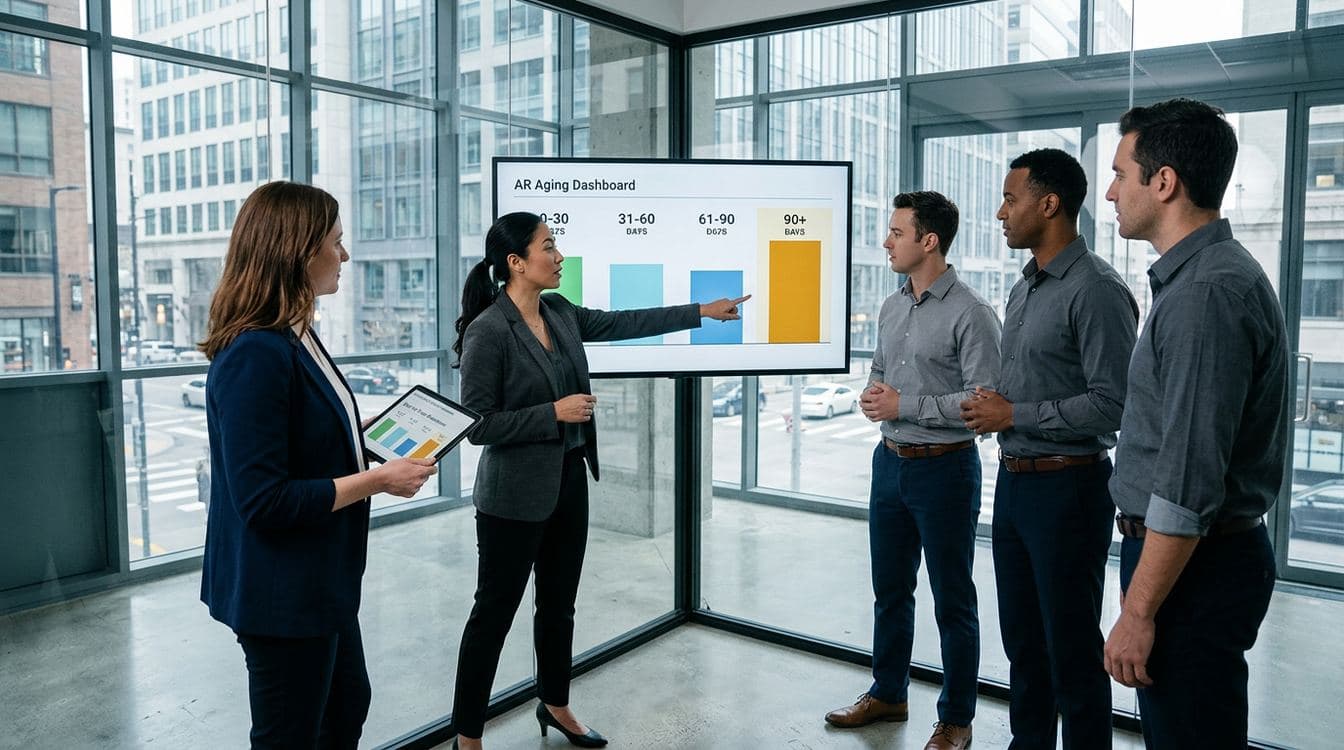 Revenue cycle operations team standing around a wall-mounted AR aging dashboard reviewing the 60-90 and 90+ day buckets in a modern healthcare admin office